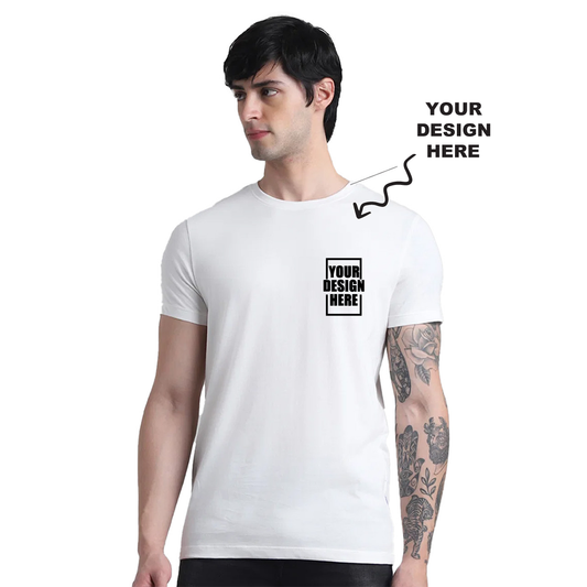 White Jack&Jones joren round neck t-shirt with a placeholder design area showing where users can add their own logo, artwork, or text for personalization.