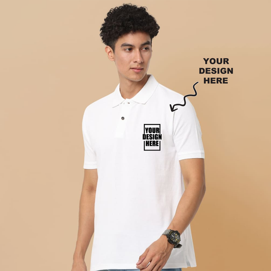 White jacquard polo t-shirt with a placeholder design area showing where users can add their own logo, artwork, or text for personalization.