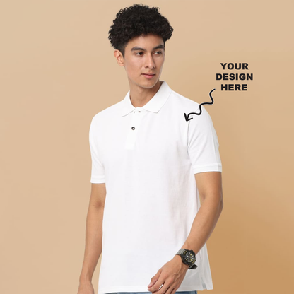 White jacquard polo t-shirt with a placeholder logo area showing where users can add their own logo, artwork, or text for personalization.