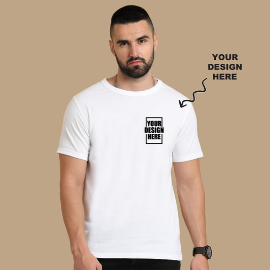 White round neck t-shirt with a placeholder design area showing where users can add their own logo, artwork, or text for personalization.