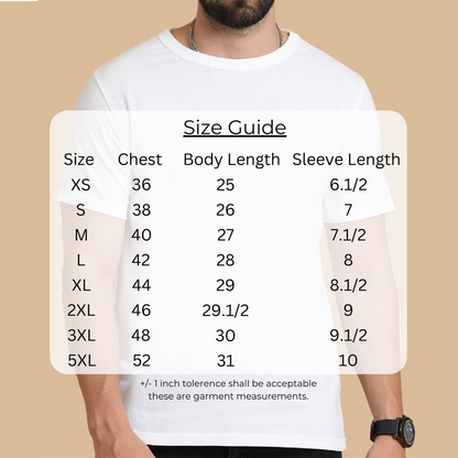Size chart for Personalized White round neck T-Shirt showing chest, length, and shoulder measurements for sizes S to XXXL