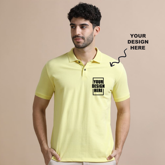 Yellow jacquard polo t-shirt with a placeholder design area showing where users can add their own logo, artwork, or text for personalization.