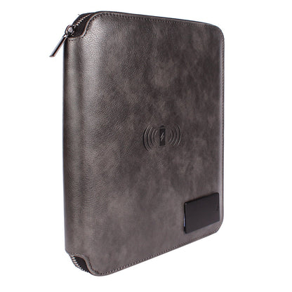 Personalized 2 in 1 Charcoal Black Leather Finished 8000mAh Power Bank Diary Logo Glow Combo Gift Set - For Employee Joining Kit, Client, Dealer Gifting, Corporate Gifting or Return Gift HK10244