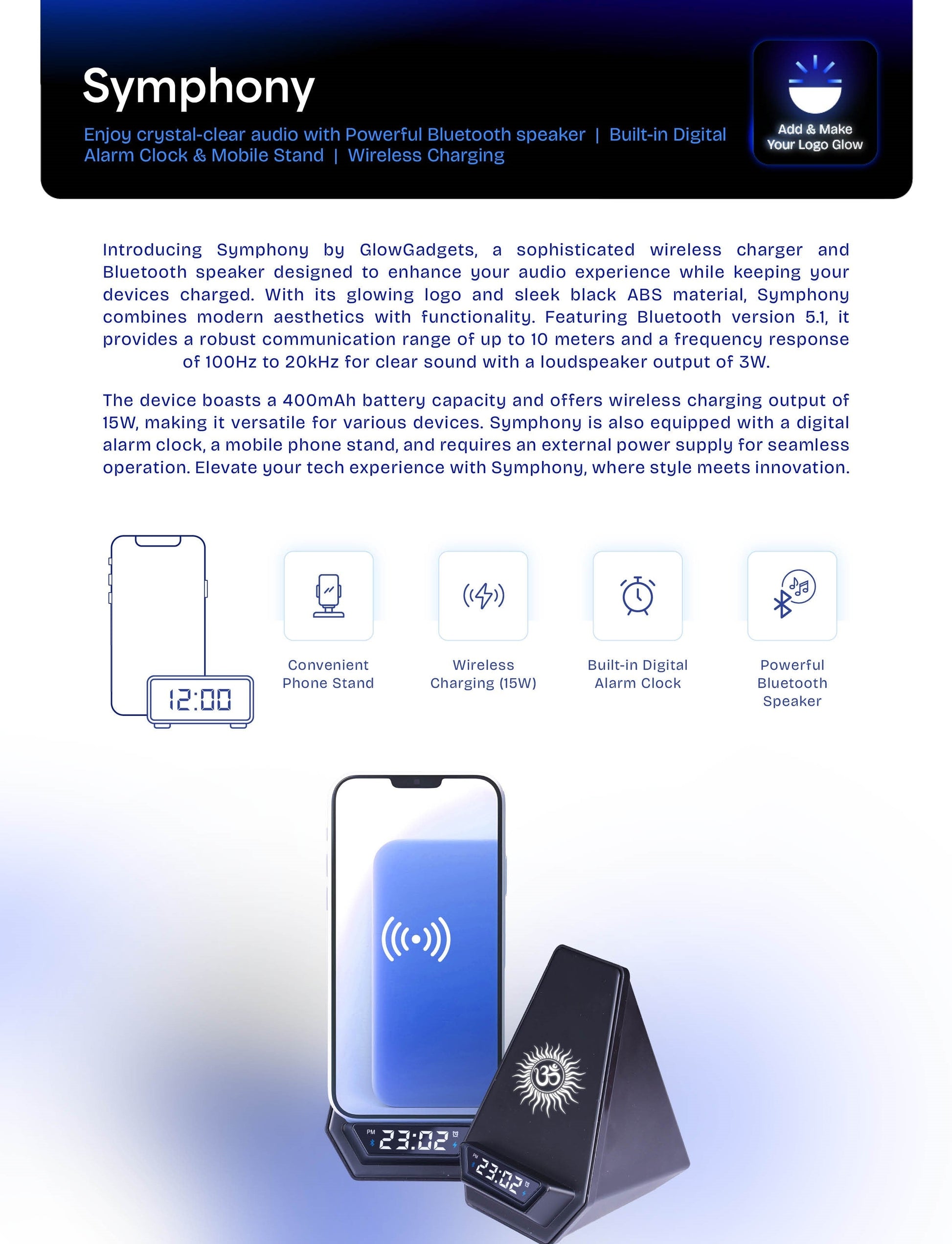 Personalized Logo Glow Multipurpose Bluetooth Speaker, Wireless Charging, Clock, cum Phone Stand - For Corporate Gifting, Event Gifting, Freebies, Return Gift, Promotions - HK10285