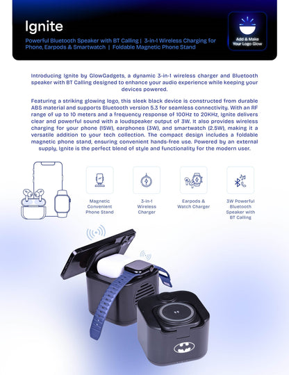 Personalized Logo Glow Multipurpose Bluetooth Speaker cum 3 in 1 Wireless Charger - For Corporate Gifting, Event Gifting, Freebies, Return Gift, Promotions - HK10286