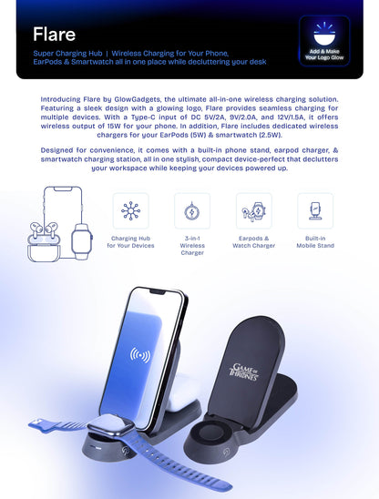 Personalized Logo Glow Multipurpose 3in1 Wireless Charger - For Corporate Gifting, Event Gifting, Freebies, Return Gift, Promotions - HK10289