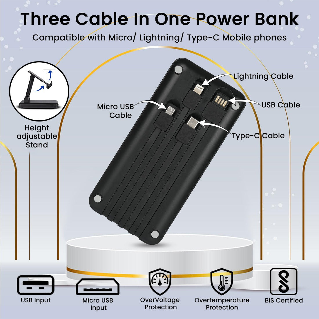Personalized Black 10000mAh Power Bank cum Mobile Stand - For Corporate Gifting, Event Gifting, Freebies, Promotions - EKP0206