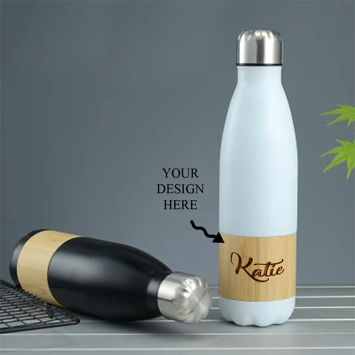 Personalized Engraved Insulated Double Wall Bamboo Cola Shape Water Bottle White - 500ml - For Return Gift, Corporate Gifting, Office or Personal Use BGH199