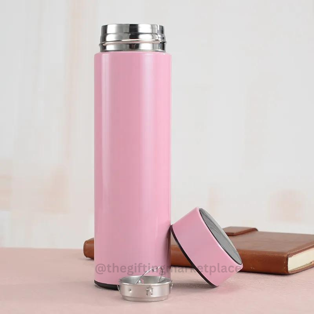 Personalized Pink Temperature Water Bottle - Laser Engraved - For Return Gift, Corporate Gifting, Office or Personal Use TGMGC-43