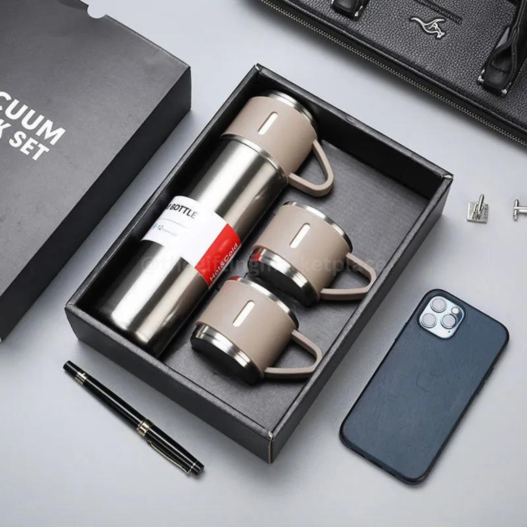 Steel Vacuum Flask Set with two mugs and a thermos in an elegant gift box from The Gifting Marketplace