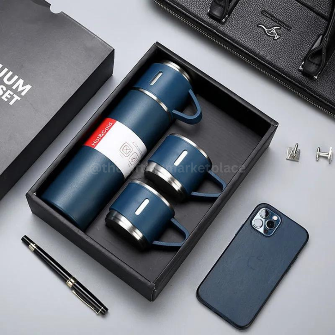 Steel Vacuum Flask Set in Blue Box with Two Mugs for Hot and Cold Beverages