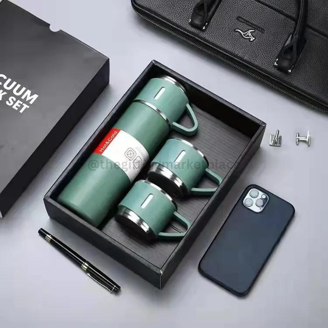 Steel Vacuum Flask Set in mint green with two mugs, packaged in a stylish box from The Gifting Marketplace