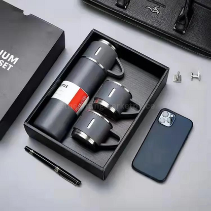 Steel Vacuum Flask Set with two mugs and a water bottle in a stylish gift box