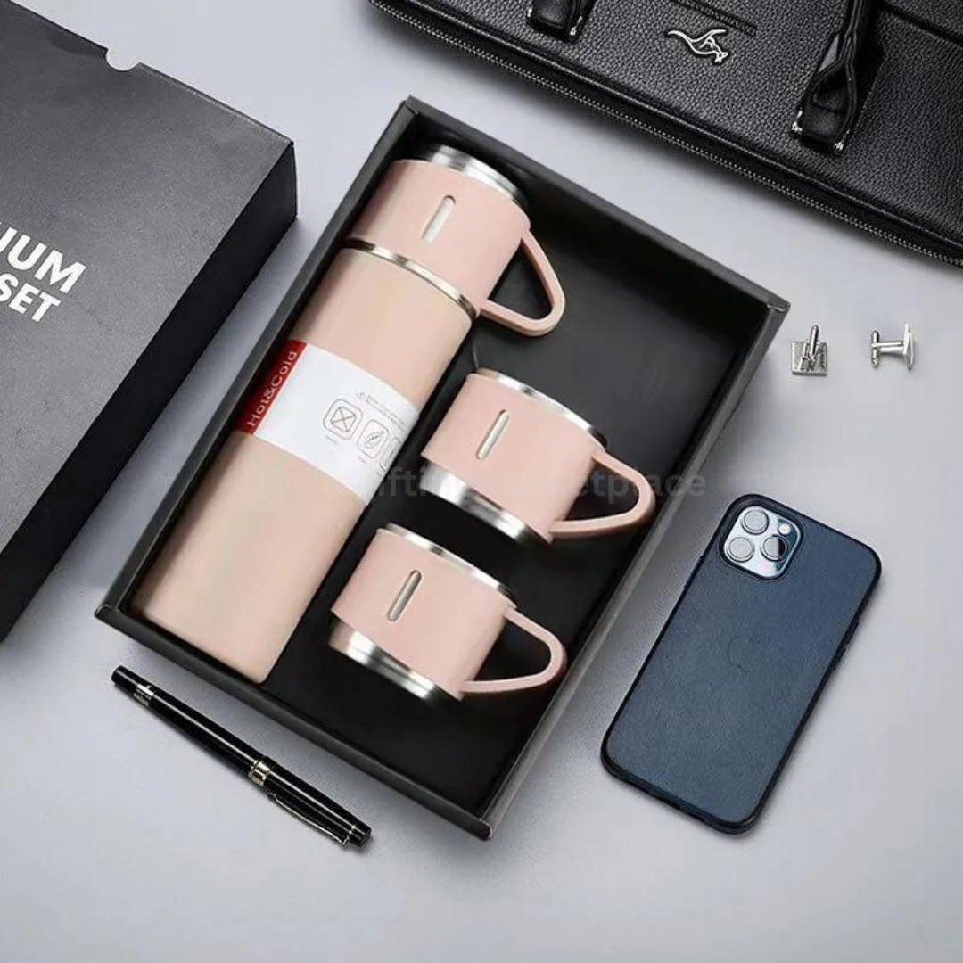 Steel Vacuum Flask Set with Two Matching Cups in a Gift Box by The Gifting Marketplace